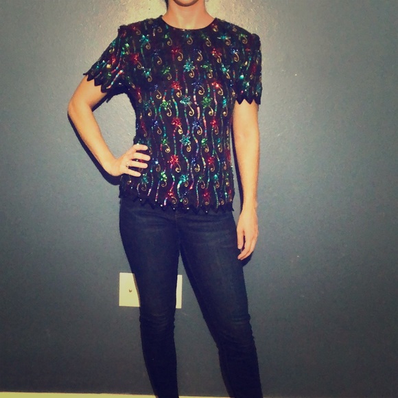 Sequin Beaded Vintage Allure Silk Top - Picture 2 of 8